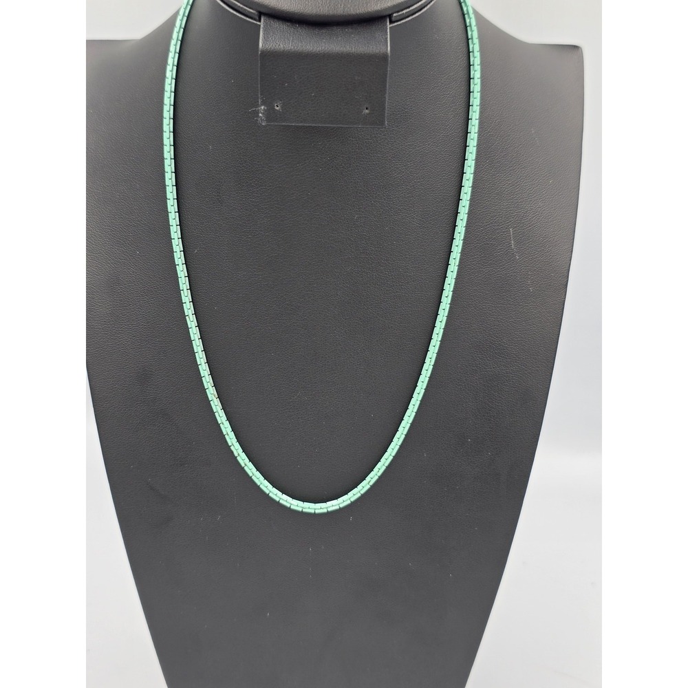 Vintage Turquoise blue Enameled Rectangle Link Chain Necklace Gold Tone Clasp